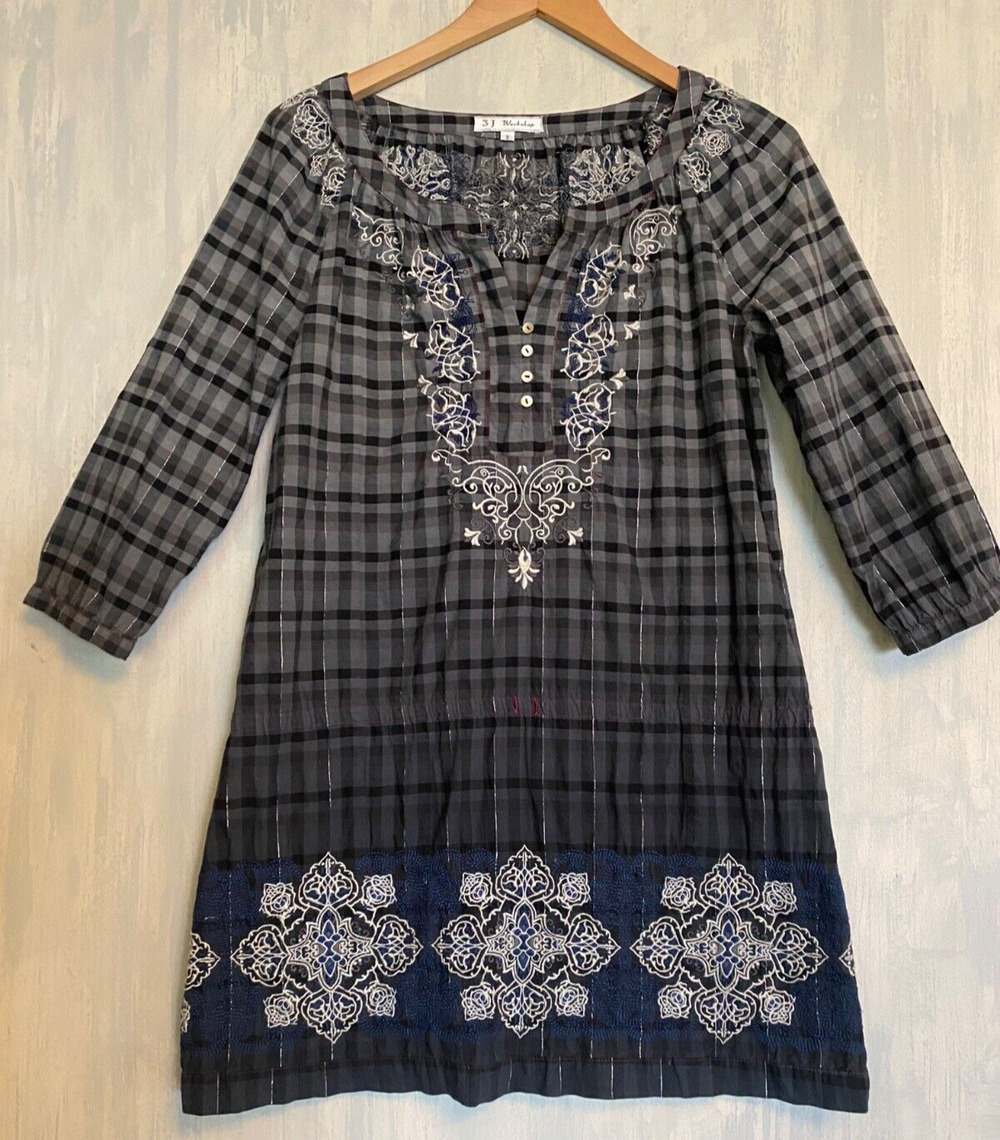 JOHNNY WAS 3J WORKSHOP Grey Plaid Embroidered Peasant Tunic Dress Cotton Lurex S